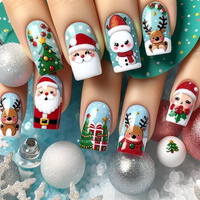 Christmas Press On Nails Coffin Fake Nails With Santa Claus Elk Deer Snowman Colour Christmas Nails Design Christmas Press On Nails For Women Impress Christmas Nails Cute Christmas Nails 24pcs